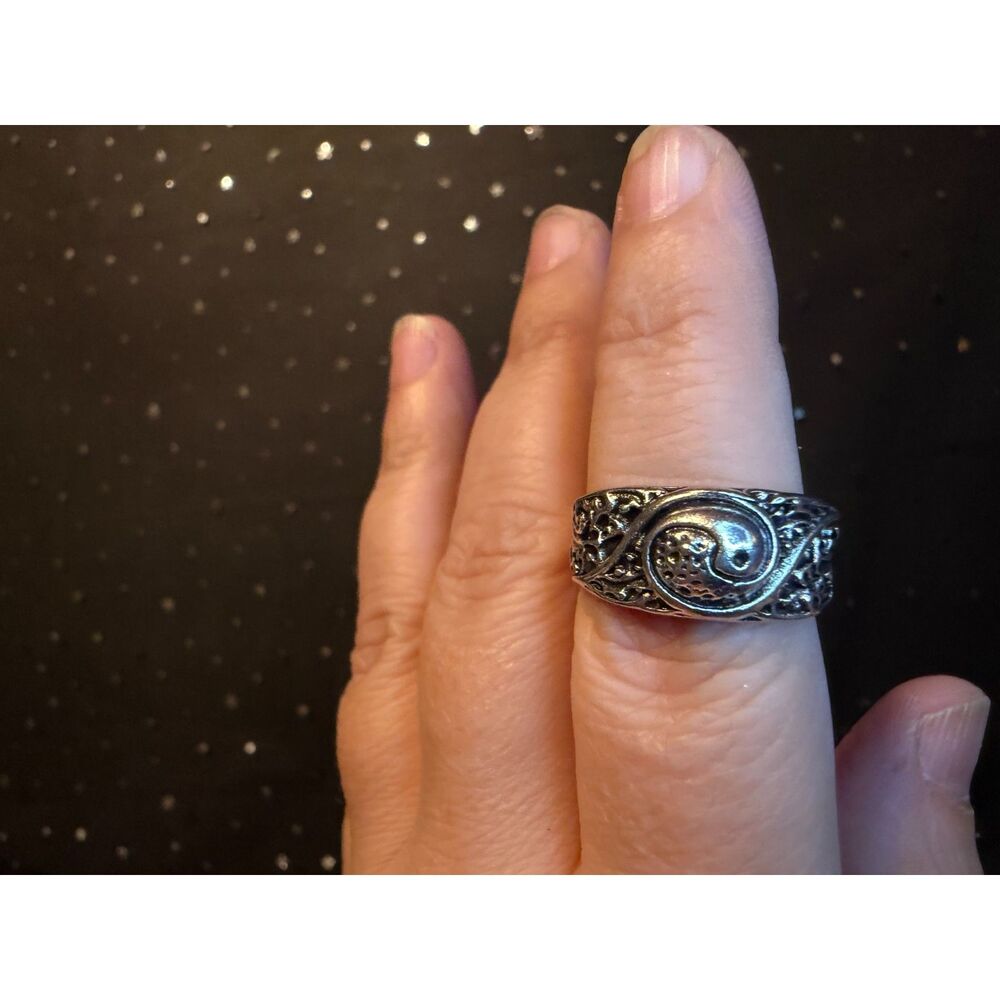 Yin Yang Ring Size 6.5 Silver Tone Wide Band, Spiritual Swirl Statement Ring